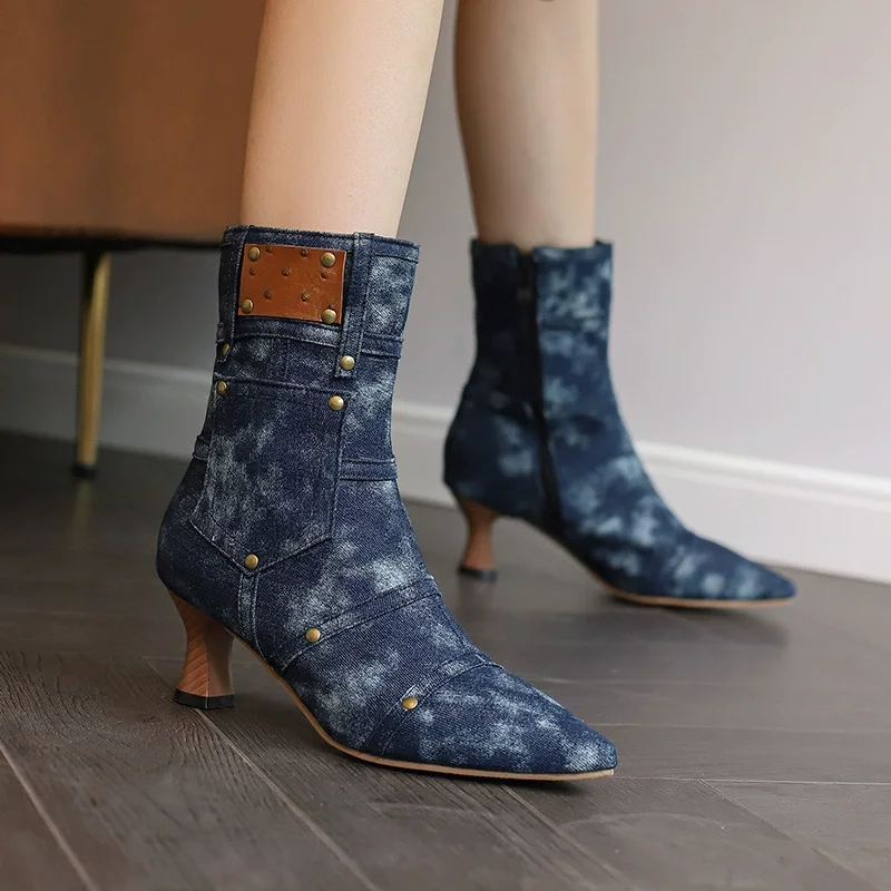 

Women 2025 Autumn Pointed Toe Ankle Short Boot Woman Side Zip Thick Heeled Shoes New High Heels Blue Denim Boots