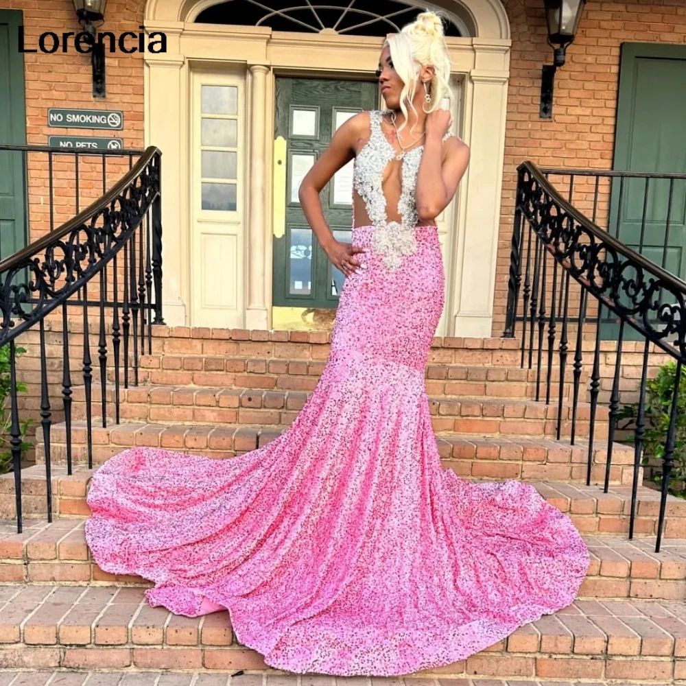 Lorencia-Vestido de baile sereia lantejoulas para menina negra, cristal prateado, vestido frisado, vestidos para ocasiões especiais, rosa, YPD138, 2024