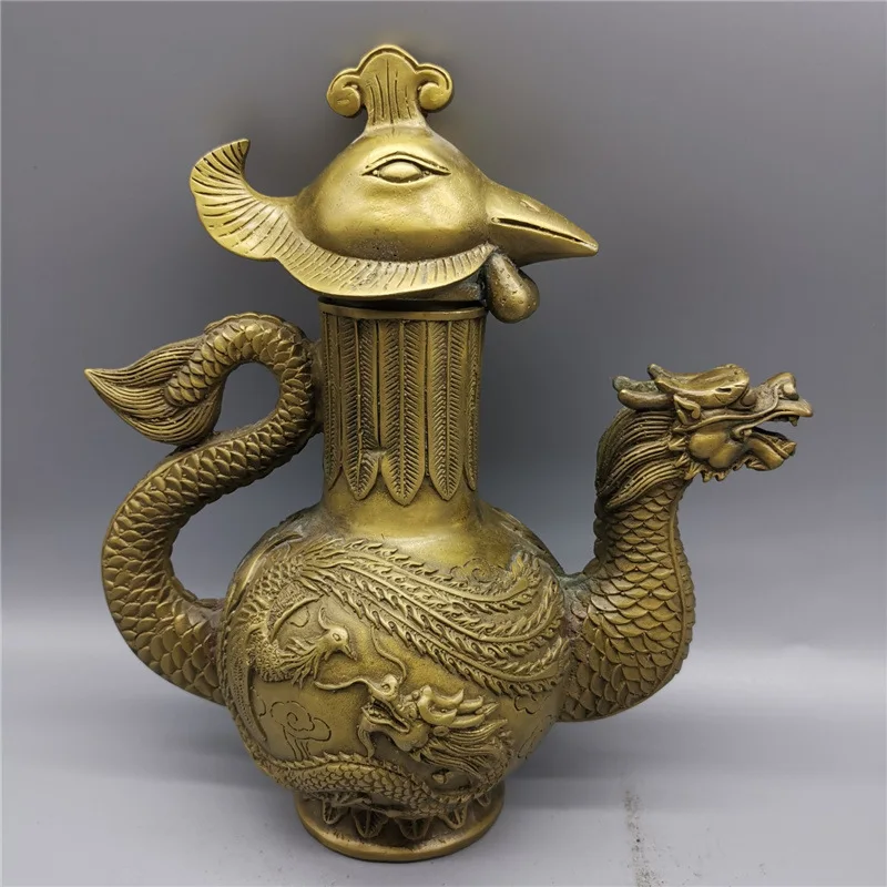 

Wedding Home Dragon And Phoenix Chicken Head Metal Crafts Brass Wine Pot Decoration Whole