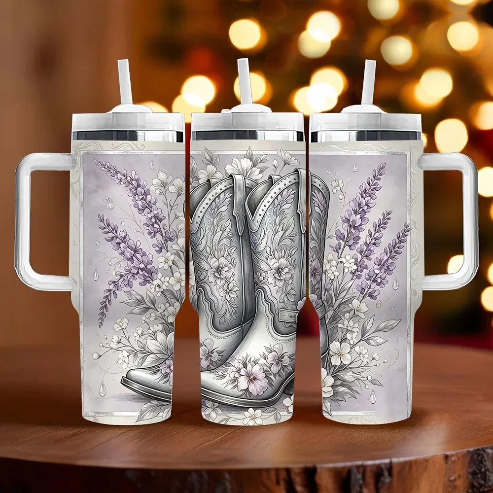 40Oz Insulated Tumbler with Handle, Featuring Floral Cowboy Boots Print, Keeps Temperature for Long Time, Perfect Holiday Gift for Western Style Lovers, Suitable for Daily Use And Outdoor Travel