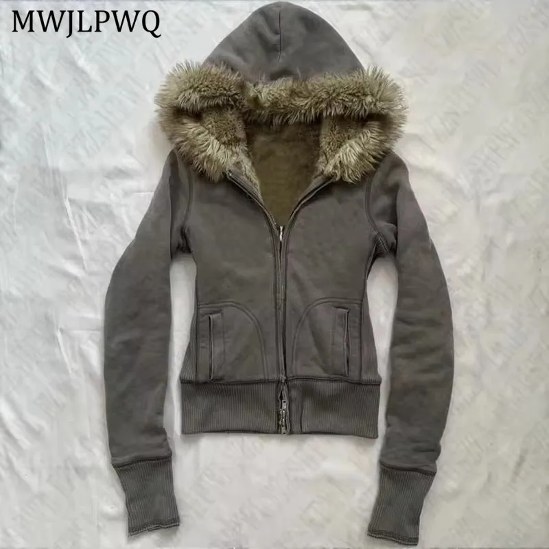 

MWJLPWQ Y2K American Letter Embroidery Sweatshirt Men High Street 2025 Autumn Winter Faux Fur Collar Hooded Cardigan Top 011018