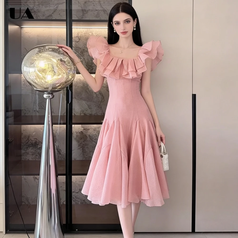 

Fashionable A-line Ruffled Square Neck Midi Dress, Elegant Off-the-shouder Long Dresses for Women, Classic Solid Party Dress