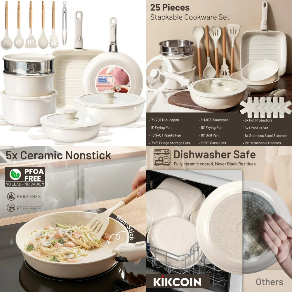 

Cookware SetsCeramic Nonstick Cookware Set with Removable Handle 25 Piece Kitchen Pot Pan Collection for Healthy Cooking