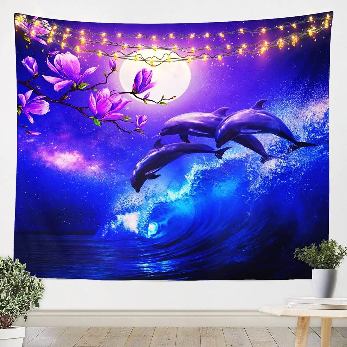 Galaxy Dolphin Tapestry Coastal Ocean Waves Tapestry Wall Hanging Cherry Blossoms Sea Animal Tapestries Moon Sky Starry Blanket