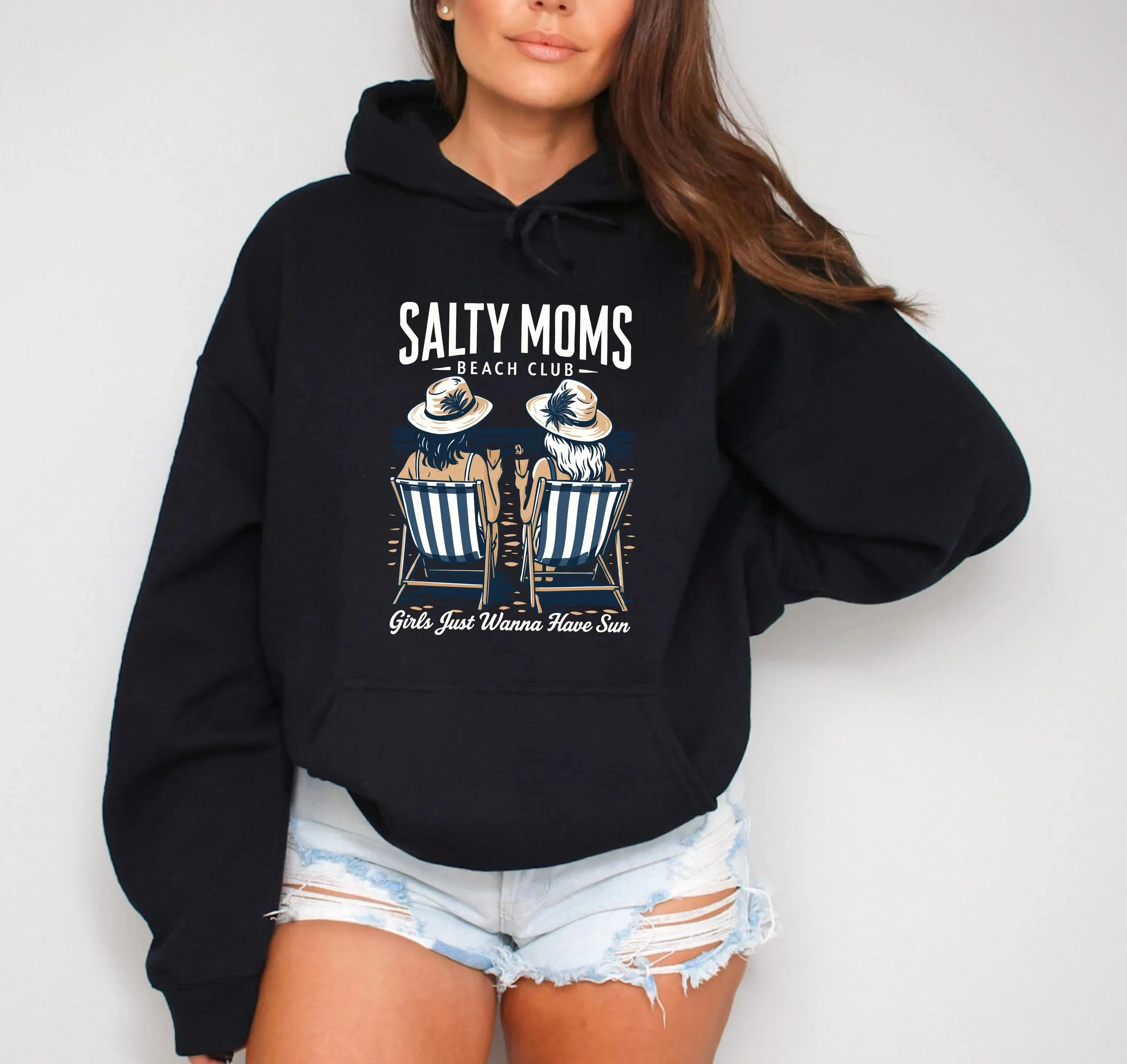 

Толстовка с капюшоном Salty Moms Beach Club и графическим рисунком, женская толстовка с длинными рукавами, пуловер, топы, унисекс, модная осенняя одежда в стиле ретро