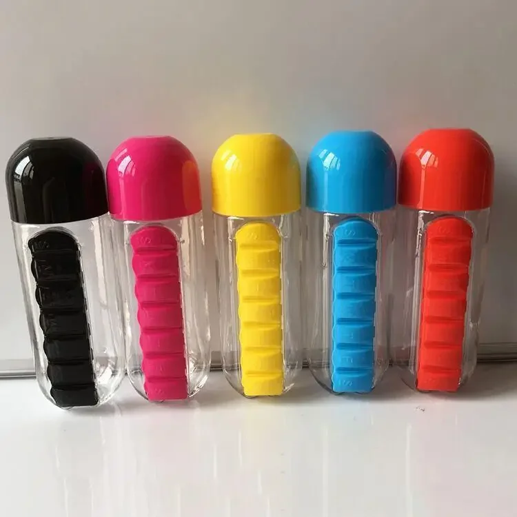 

600Ml Water Bottle with Pillbox Plastic Drink Bottle with Medicine Pills Box Travel 7 Days Drug Organizer Drinking Container