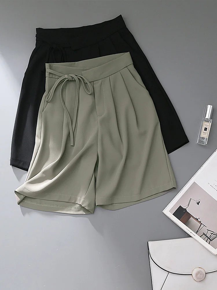 한국 스타일 하이 웨이스트 스트레이트 레그 와이드 레그 팬츠 캐주얼 짧은 바지 얇은 5 점 여성 여름 신착