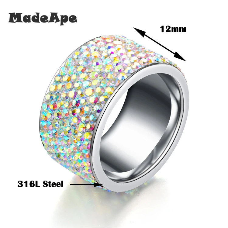 MadApe Wholesale High Quality Classic Stainless Steel 8 Row Crystal Jewelry Women Wedding Ring 12mm 6-9#