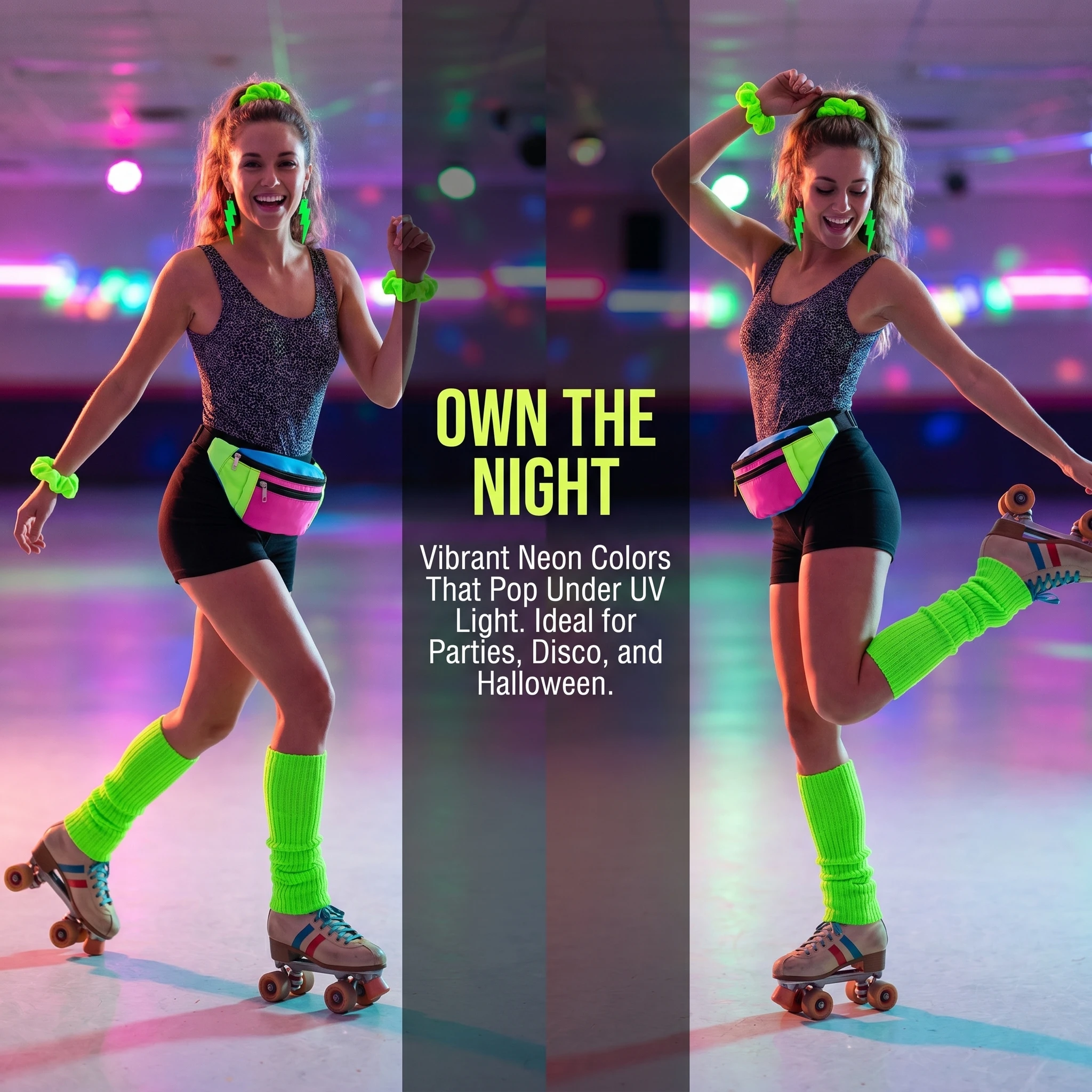 80s 90s Retro Neon Costume Accessories Set Color Block Fanny Pack Knit Leg Warmers Lightning Drop Earrings Velvet Hair Scrunchie