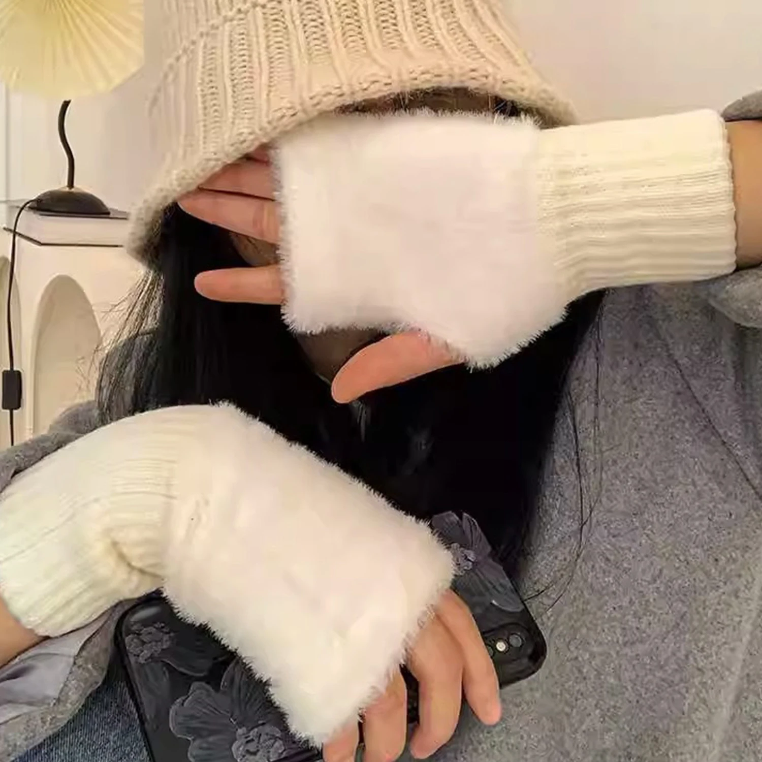 

1 Pair Half Finger Gloves For Women Winter Soft Warm Wool Knitting Arm Gloves Solid Color Plush Knitted Faux Mink Unisex Mitten