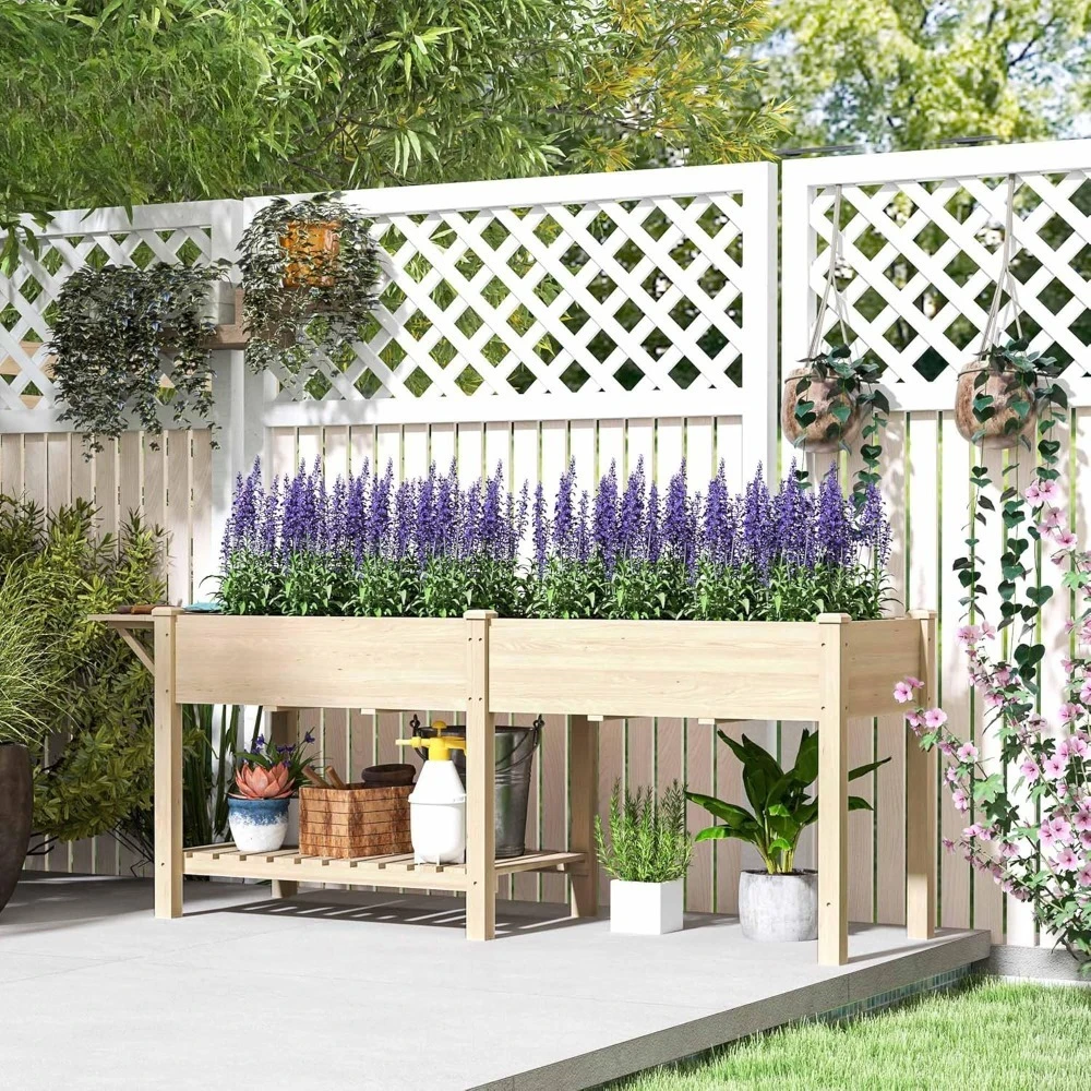 

Raised Garden Bed, Wood Elevated Planter Box with Side Table, Bottom Shelf, Outdoor Raised Planter with Bed Liners, Customized
