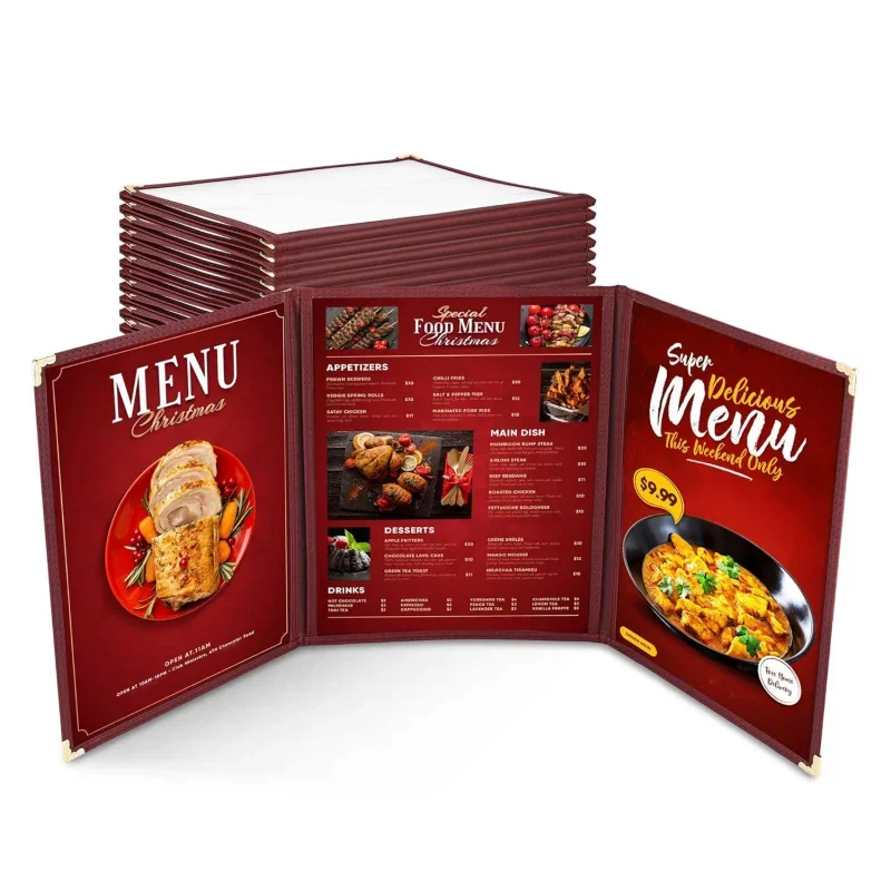 WeChef 30 Menu Covers 8.5 x 11 Triple Fold 3 Pages 6 Views Transparent Holder Burgundy