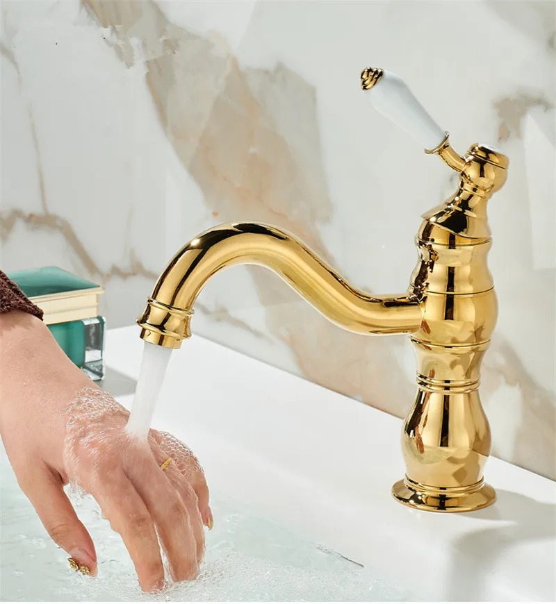 

Gold Bathroom Faucet Basin Faucet Hot & Cold Chrome Bathroom Sink Faucet Deck Mounted Lavotory Faucet Mixer Water Tap