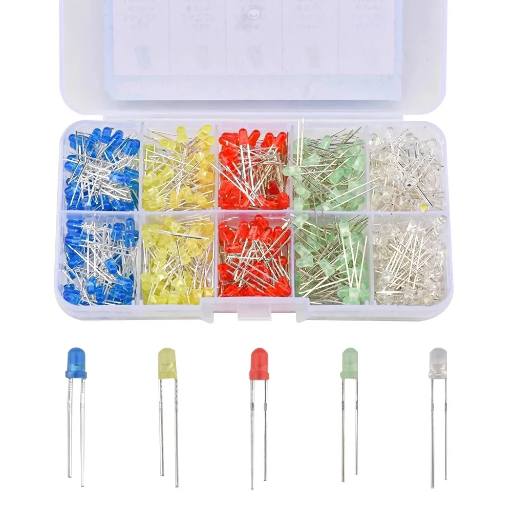 500PCS 3MM LED Diode Kit Mixed Color Red Green Yellow Blue White Each Light LED Bulbs Emitting Diode 5 Value * 100PCS