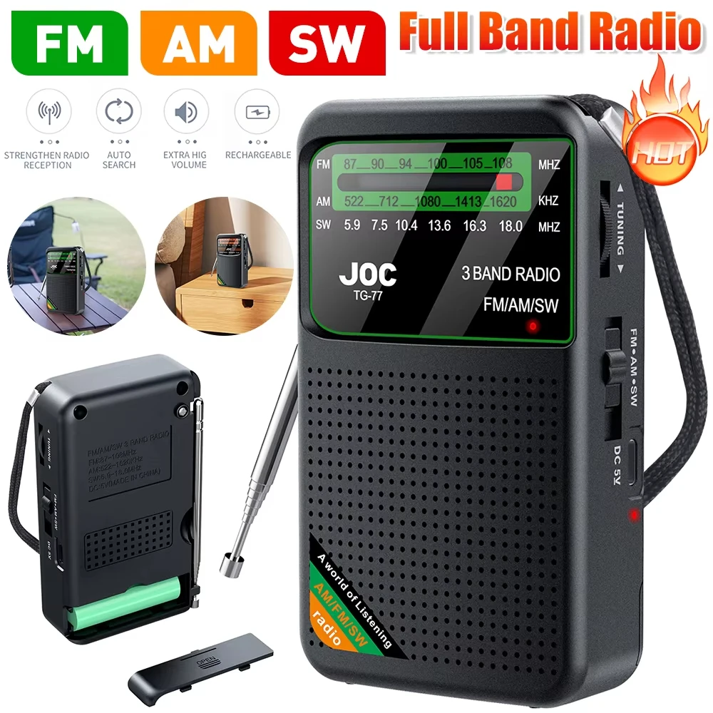 Emergency Pocket Radio FM AM SW Radio Built-in Speaker Transistor Radio Type-C Rechargeable Radio Player for Senior Home Walking