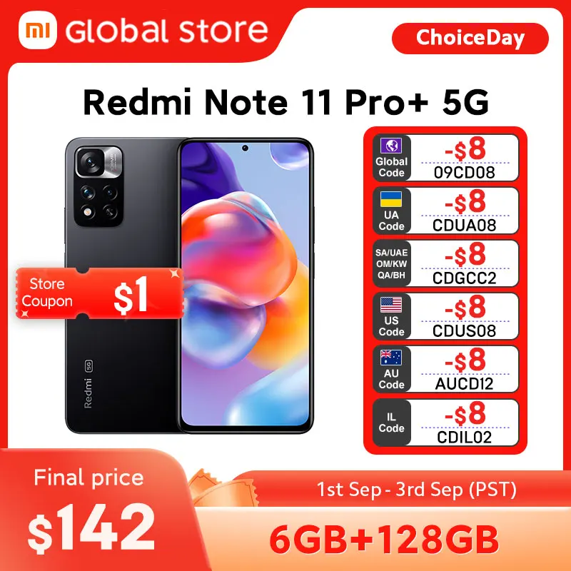 

Global Version Xiaomi Redmi Note 11 Pro+ 5G 6GB RAM 128GB ROM Dimensity 920 Octa-core 120Hz AMOLED 108MP 120W HyperCharge