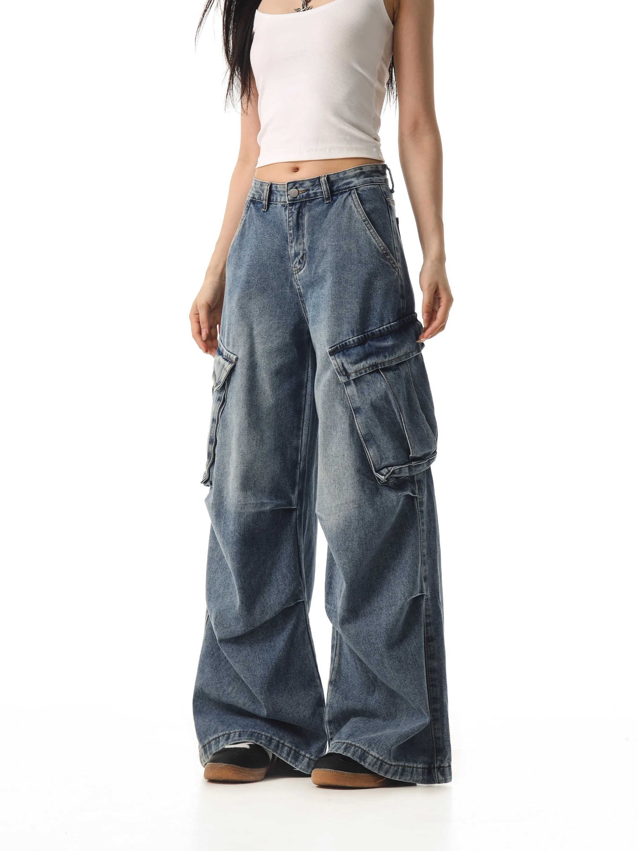 

Свободные широкие брюки для рабочей одежды, джинсовые брюки, женские брюки с высокой талией, нейтральные американские брюки с завышенной талией