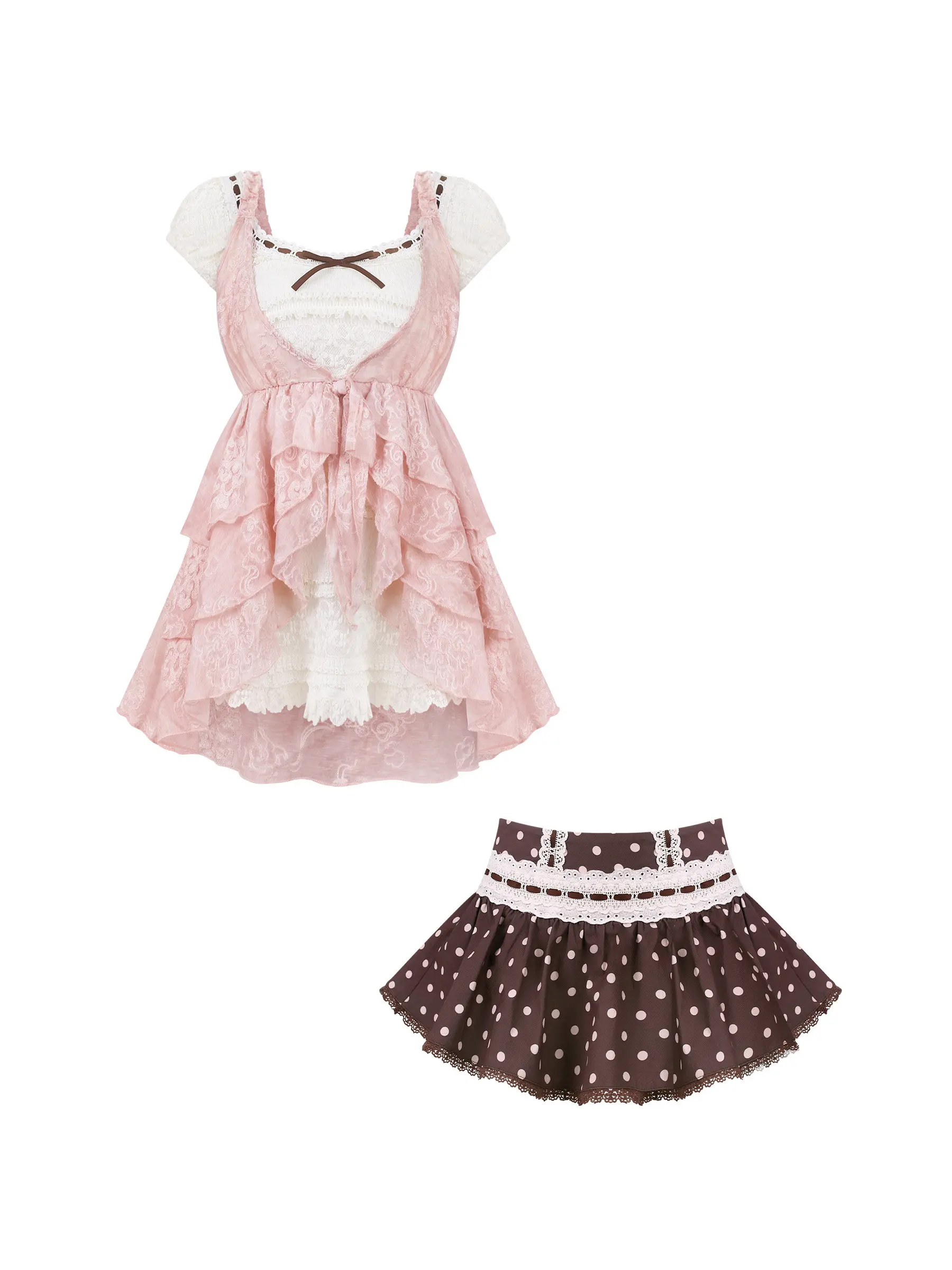 Sweet Kawaii Polka Dot Lace Ruffle Bow Puff Sleeve 2Pcs Set Women Girls Fake Two Piece Apricot Brown Mini Skirt Dailywear Outfit