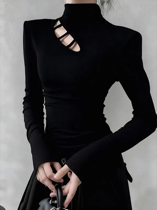 

Женская флисовая футболка больших размеров с длинным рукавом, высоким воротником и вырезами, осенне-зимняя, для ношения под одеждой, с асимметричным подолом