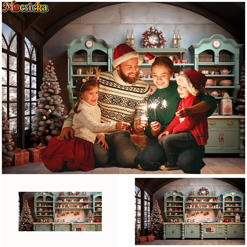 Christmas Kitchen Photogrpahy Backdrop Portrait Kids Photo Shoot Birthday 1st Cake Smash Little Chef Cupboard Photo Background