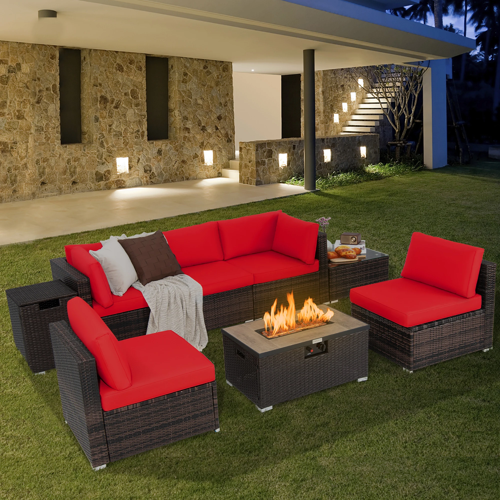 8PCS Patio Rattan Furniture Set Fire Pit Table Tank Holder Cover Deck Red