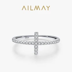 Ailmay Top Quality 100% Real 925 Sterling Silver Classic Charm Cross AAAAA CZ Finger Ring For Women Wedding Fine Jewelry Gift