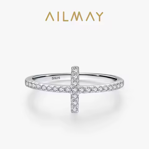 Ailmay Top Quality 100% Real 925 Sterling Silver Classic Charm Cross AAAAA CZ Finger Ring For Women Wedding Fine Jewelry Gift