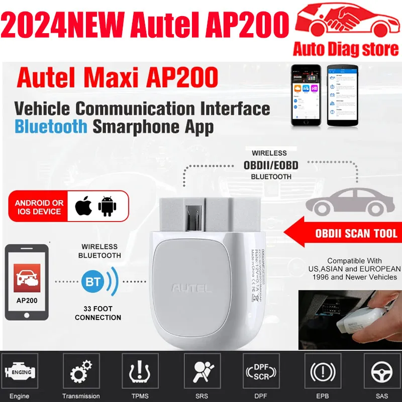 

2024 NEW Autel AP200 Bluetooth-compatible OBD2 Scanner Automotivo Tool Full System Code Reader Car Diagnostic Tool