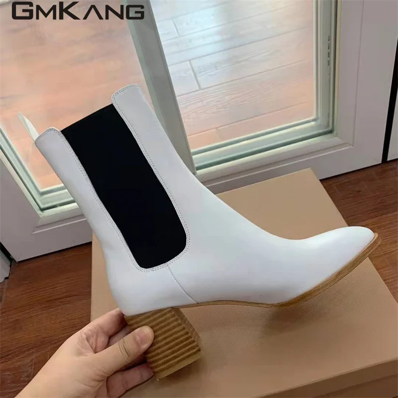 Classic Square Heels Short Boots Woman Genuine Leather Round Toe Mid Calf Boots Lady High Heels Runway Shoes Women Botas