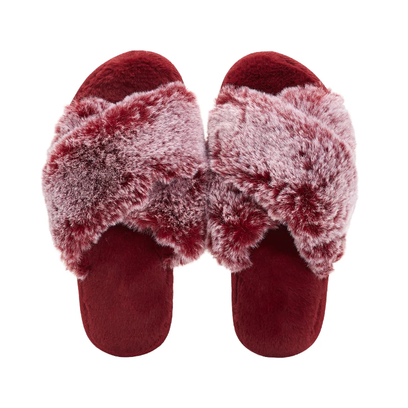 

Cross Design Winter House Red Furry Slippers Women Fluffy Fur Home Slides Flat Indoor Floor Shoes