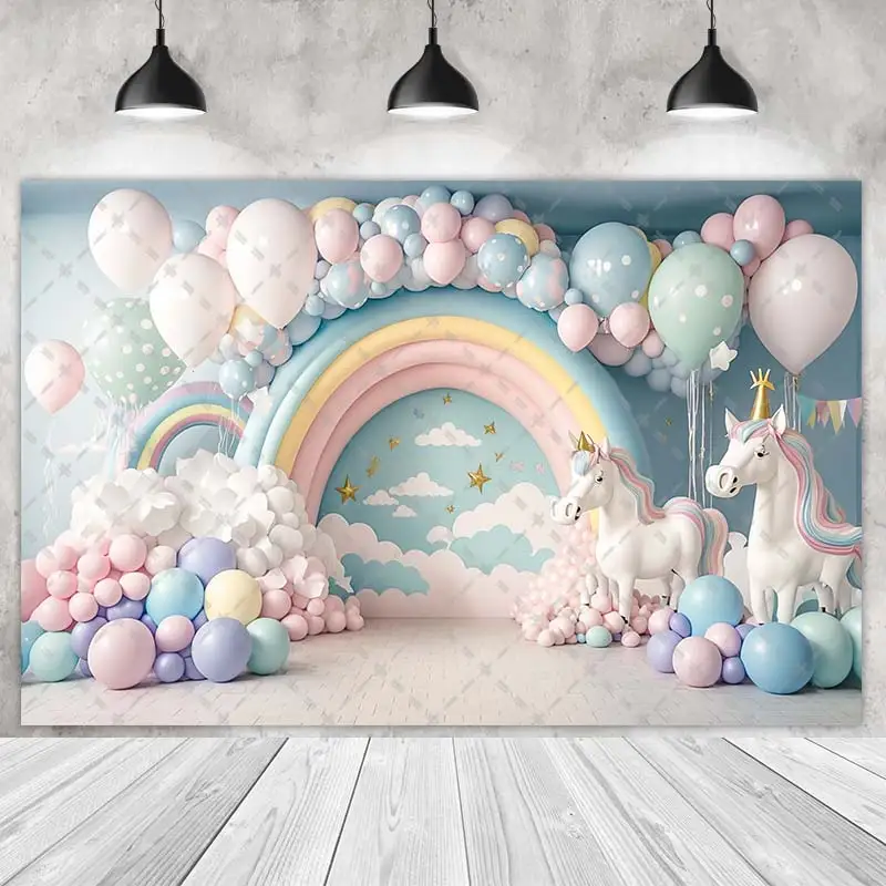 Unicorn Party Backdrops Princess Girl Birthday Photography Cake Smash Rainbow Balloons Background Shoot Customize Name Photo