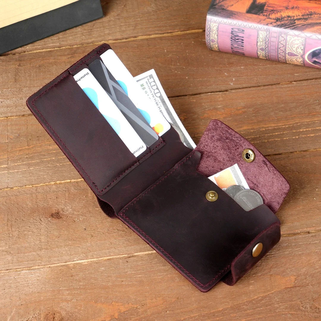 Crazy Horse Leather Wallet with Coin Pocket Vintage Top Grain Cowhide Short Purse Slim Card Holder Snap Button Wallet