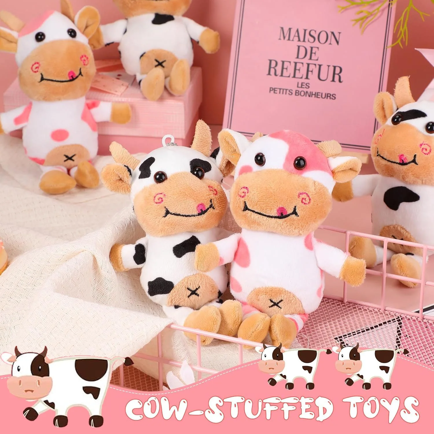 12/24Pcs Plush Cow Keychain Cow Stuffed Plush Animal Toy Bulk Spotted Farm Keyring Party Favors for Classroom Dec Birthday Gift