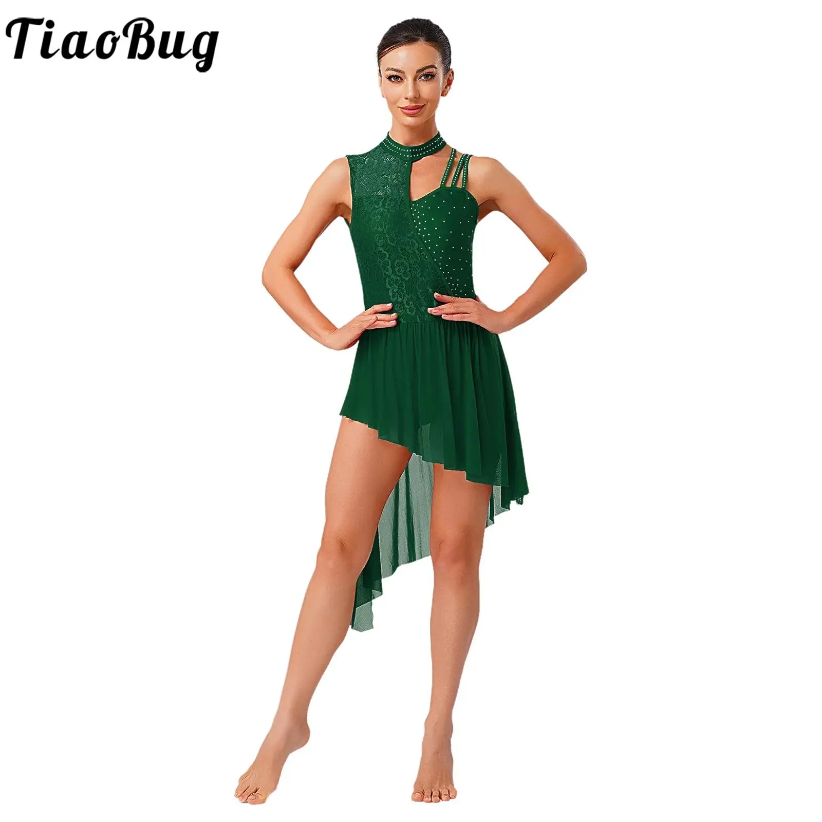 

Women Figure Skating Lyrical Dance Leotards Dress Floral Lace Rhinestones Asymmetrical Hem Leotard Dress for Ballet Waltz Latin