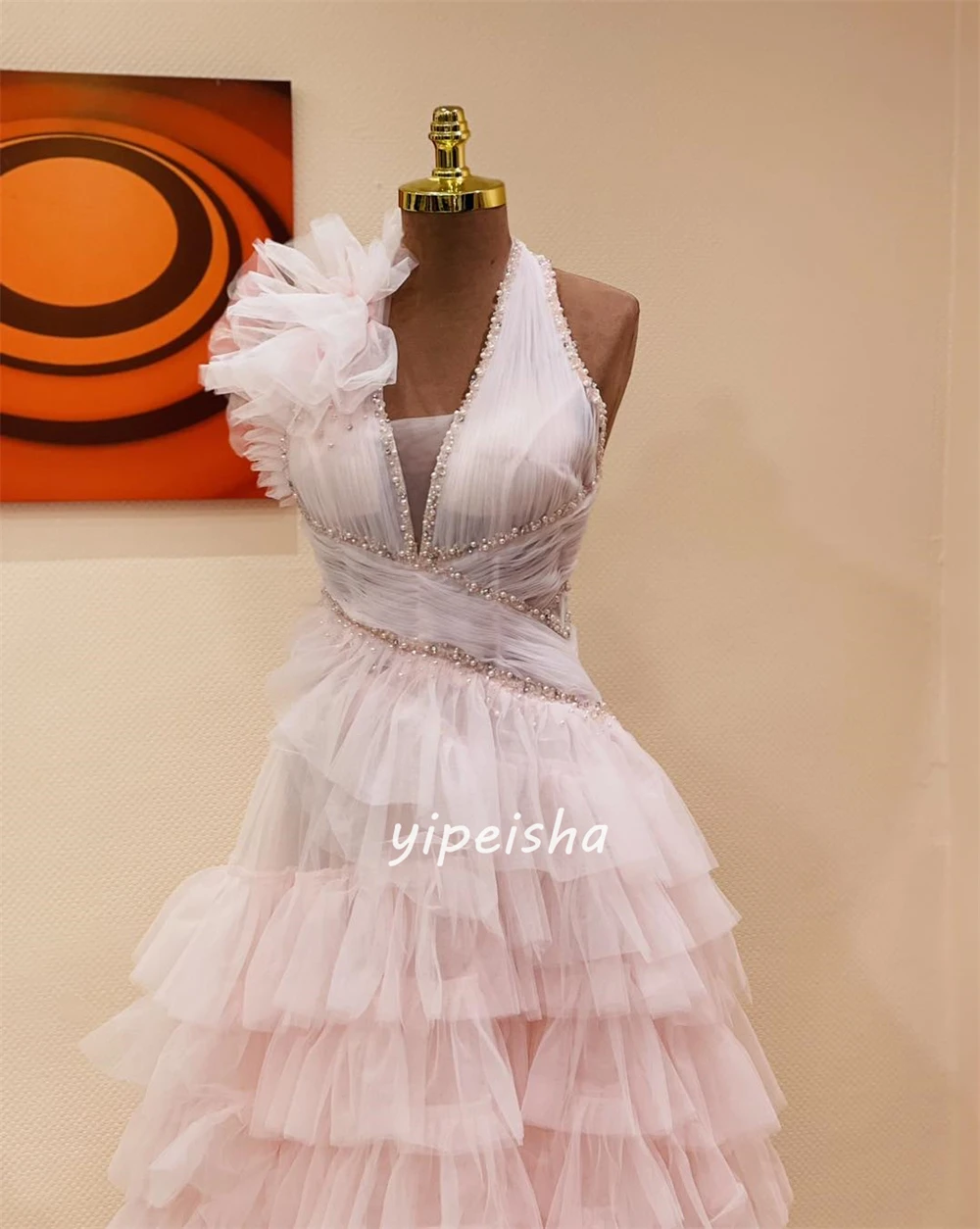 Customized Elegant Tulle Flower Pleat Ruched A-line V-neck Halter Midi Dresses Celebrity Dresses Exquisite Modern Style Simple F