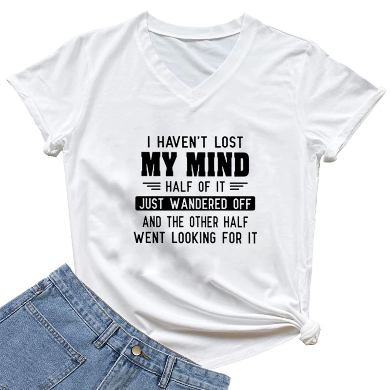 Nowa zabawna koszulka z literą MY MIND Just WANDERED OFF Damska koszula z krótkim rękawem Casual Hip Hop V Neck Fashion Girl Letter Shirt Top