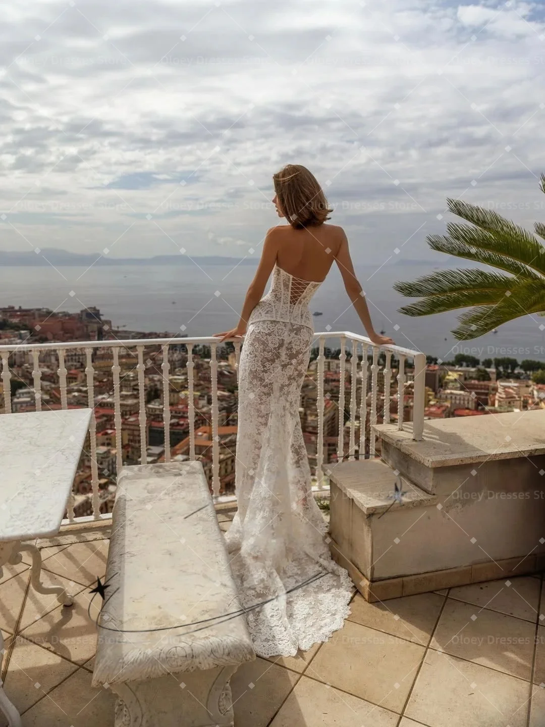 OLOEY Customized Off-white Lace Wedding Dress Strapless Lace-Up Back Side High Split vestidos de noiva Mermaid Evening Dresses
