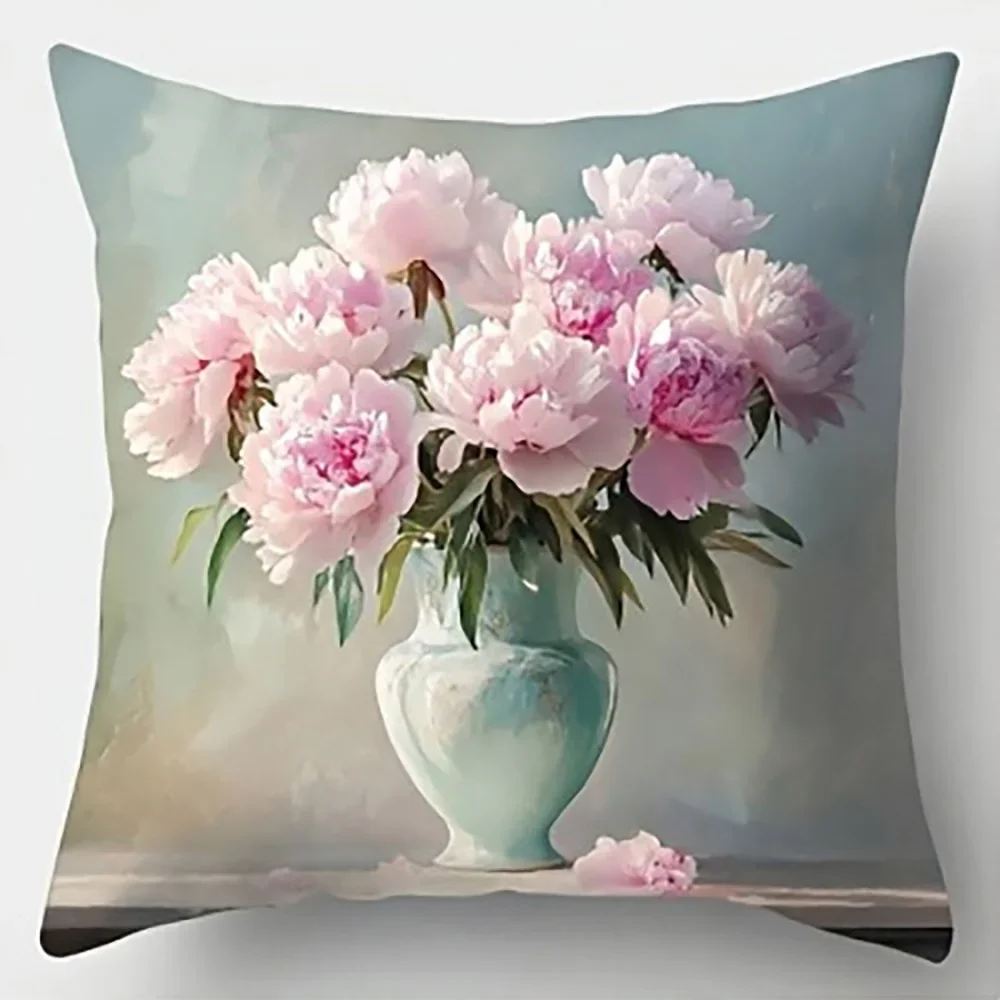 Vase of Pink Peonies on PillowSuitable for Sofa Car Bedroom Decorative Cushion Cover Pillow Cover