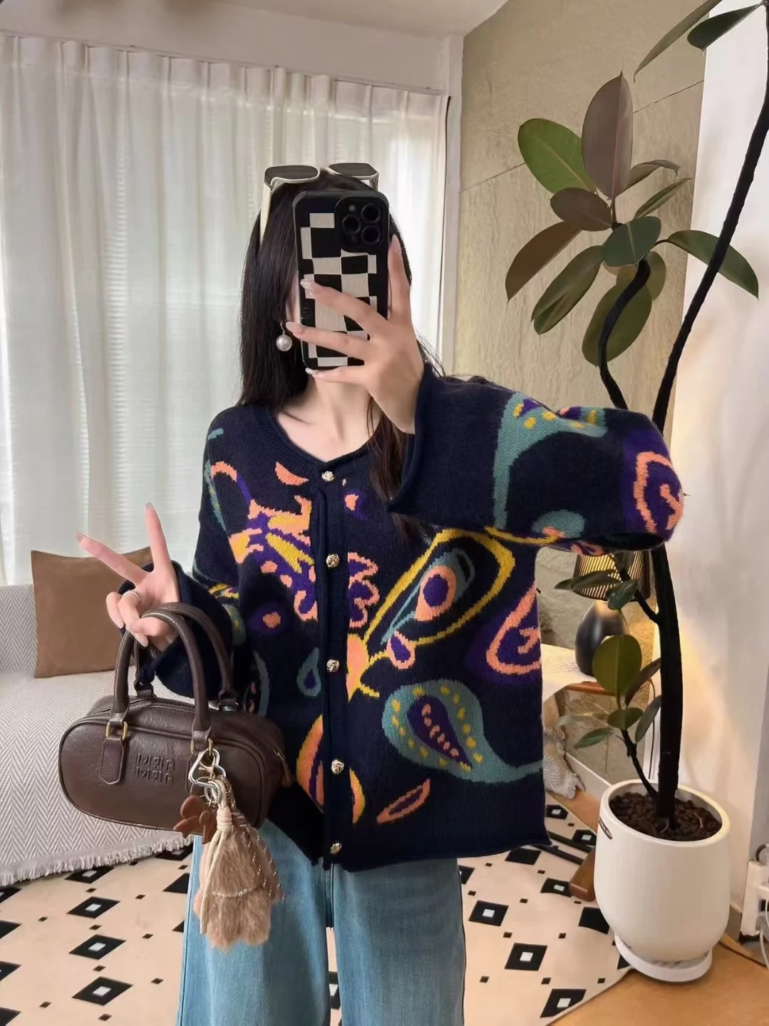 Maglieria retrò Inizio autunno Cardigan allentato inizio autunno Coreano Sle Pianta Fiore Modello rotondo Ne Cappotto con bottoni per le donne