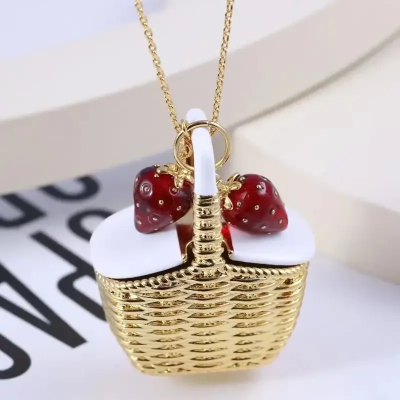 Cute Woven Small Basket Fruit Strawberry Enamel Technology Can Open Pendant Fashion Necklace High Sense Sweater Chain