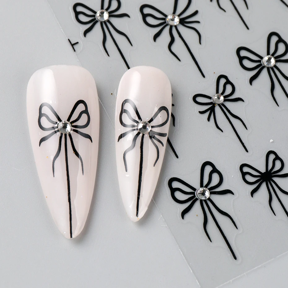 2개 3D 라인스톤 리본 네일 아트 스티커 반짝이는 크리스탈 블랙 리본 접착 장식품 새해 DIY 네일 용품