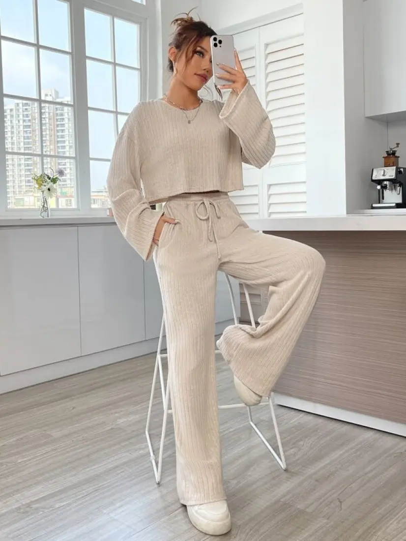 

Autumn and Winter New Casual Loungewear Knitted Long-sleeved Women's Suit Multi-color Optional