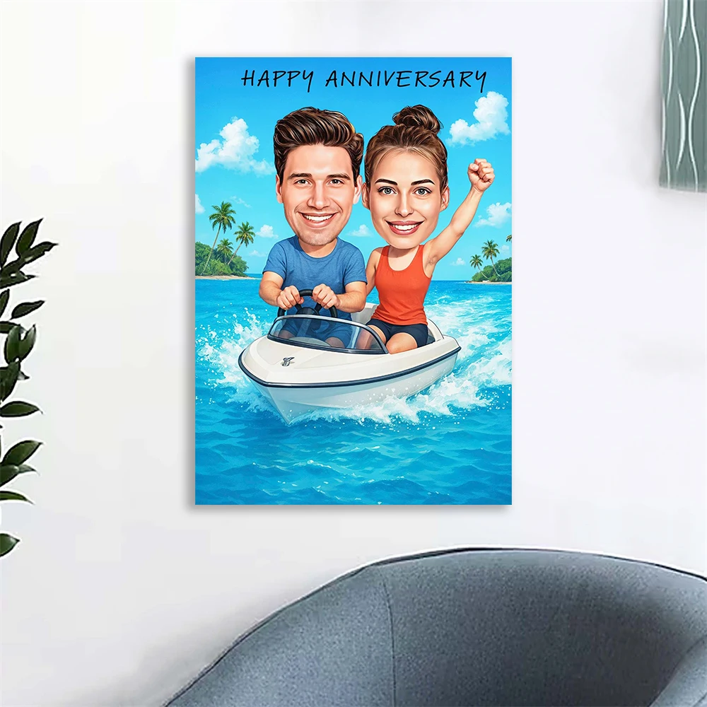 Funny Boat Couple Personalised Cartoon Portrait Poster Funny Wedding Caricature Art Prints Custom Lovers Canvas Painting Decor