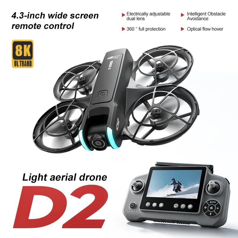 

New D2 Mini Drone 8K HD Dual Camera 4.3 inch Screen Obstacle Avoidance Optical Flow Hover Brushless 360° protection RC Aircraft