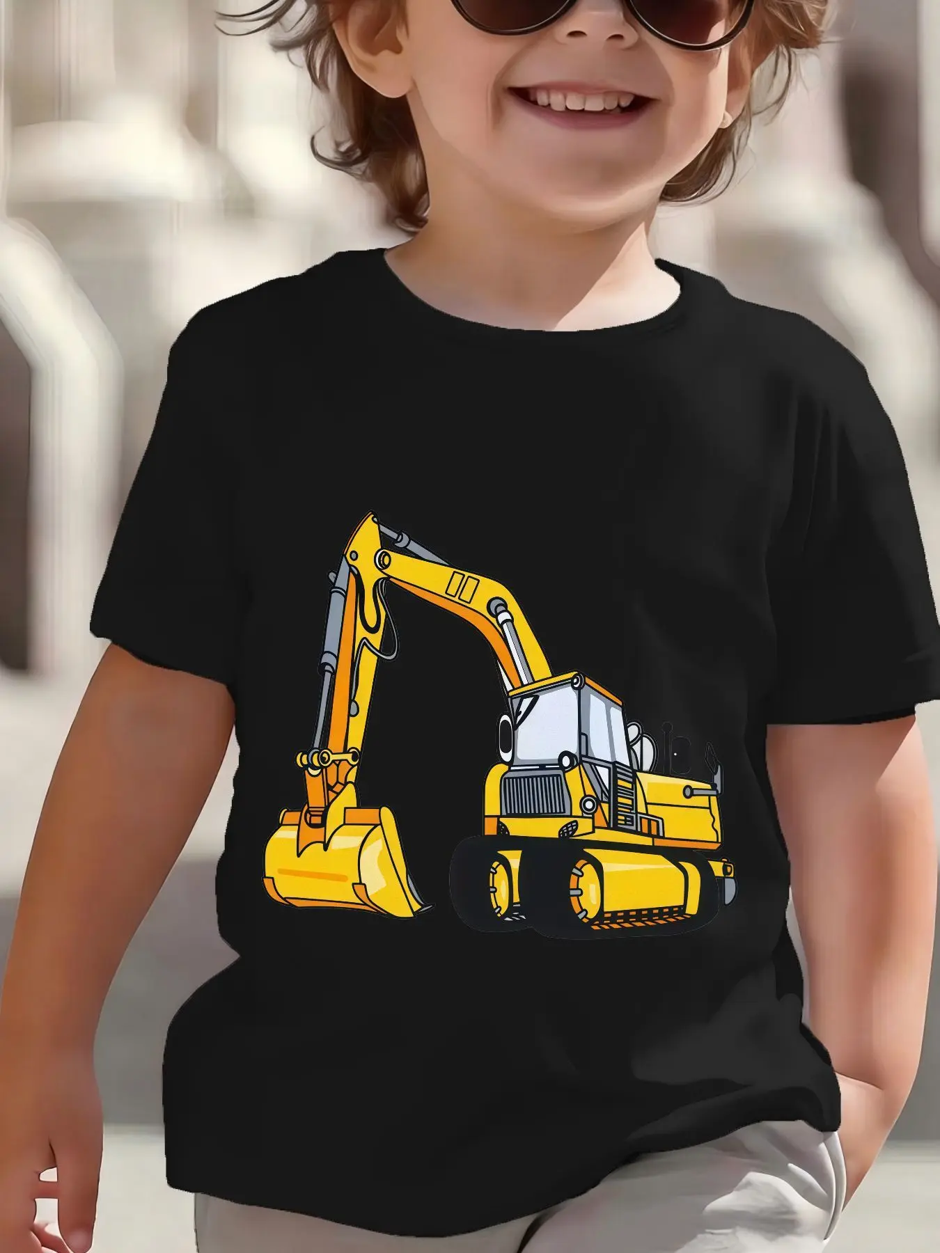 Kids Yellow Excavator Graphic Tee Boys Girls Family Matching Short Sleeve Construction Cartoon Casual Daily Wear T Shirt