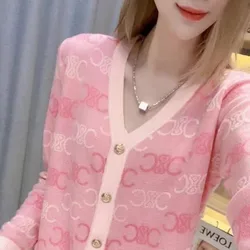 Fashion Jacquard V-neck Knitting Cardigan Women Autumn Temperament Loose Sweater Coat Trend All-match Office Lady Knitwear Tops