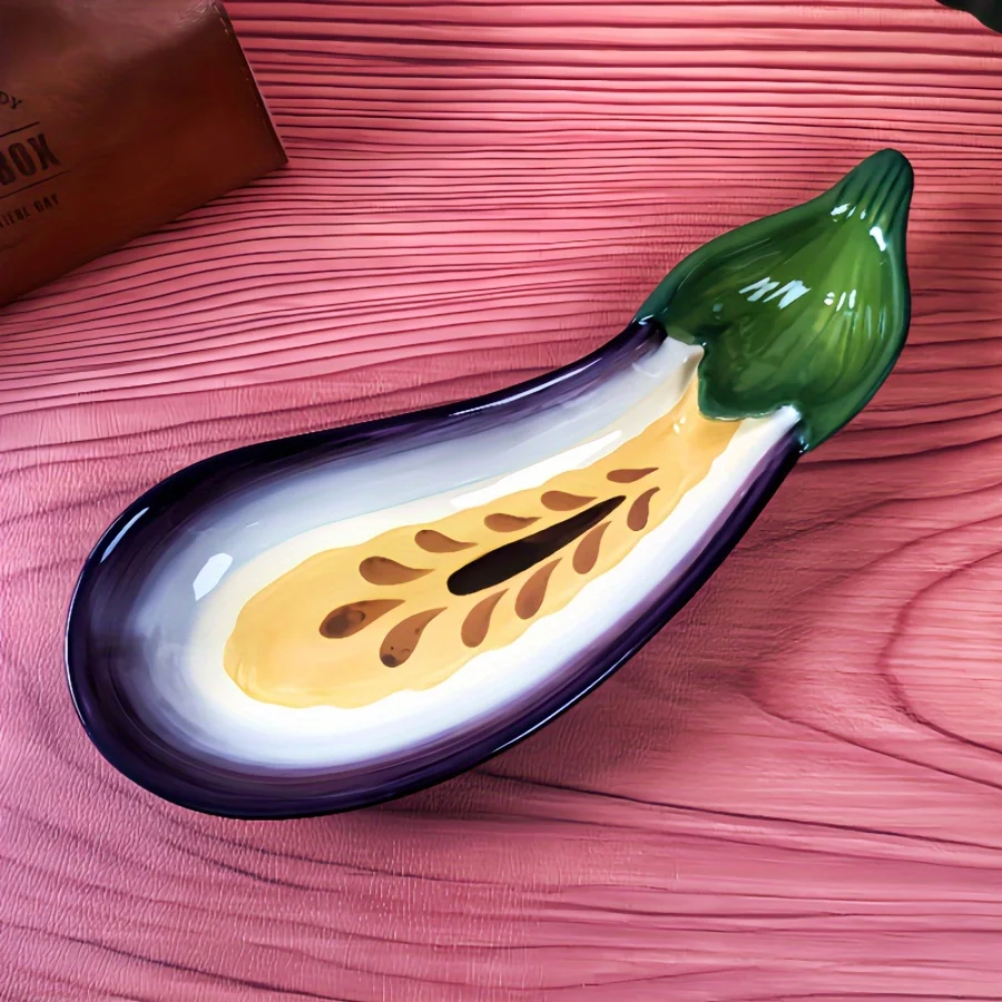 1 Frank Exhibition Inspired Ceramic Eggplant Plate Creative Purple Green Vegetable Shaped Plate, Fruits, Snacks, Etc. - Glossy