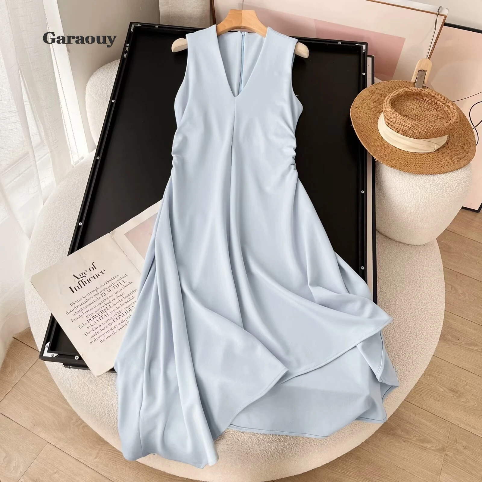 Garaouy Women 2024 Summer New Fashion Casual Vest Dress Vintage Sleeveless Chic V-Neck Joker Pleated Long Dresses Vestidos Mujer