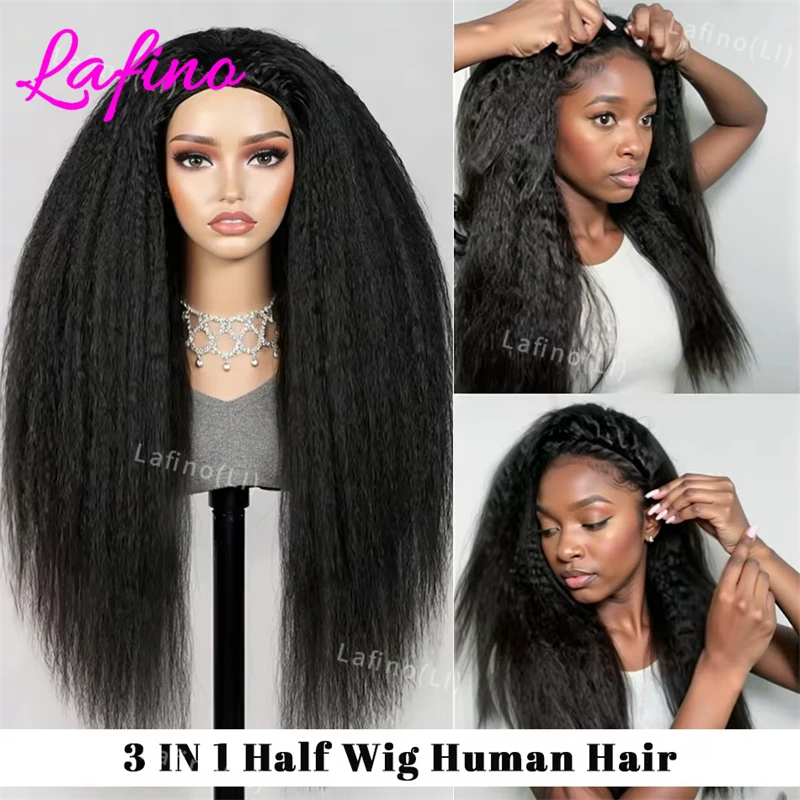 

Kinky Straight Half Wig Human Hair Glueless Wig Human Hair Ready To Wear 3 In 1 Half Wig Drawstring Yaki Straight Half Wig 30