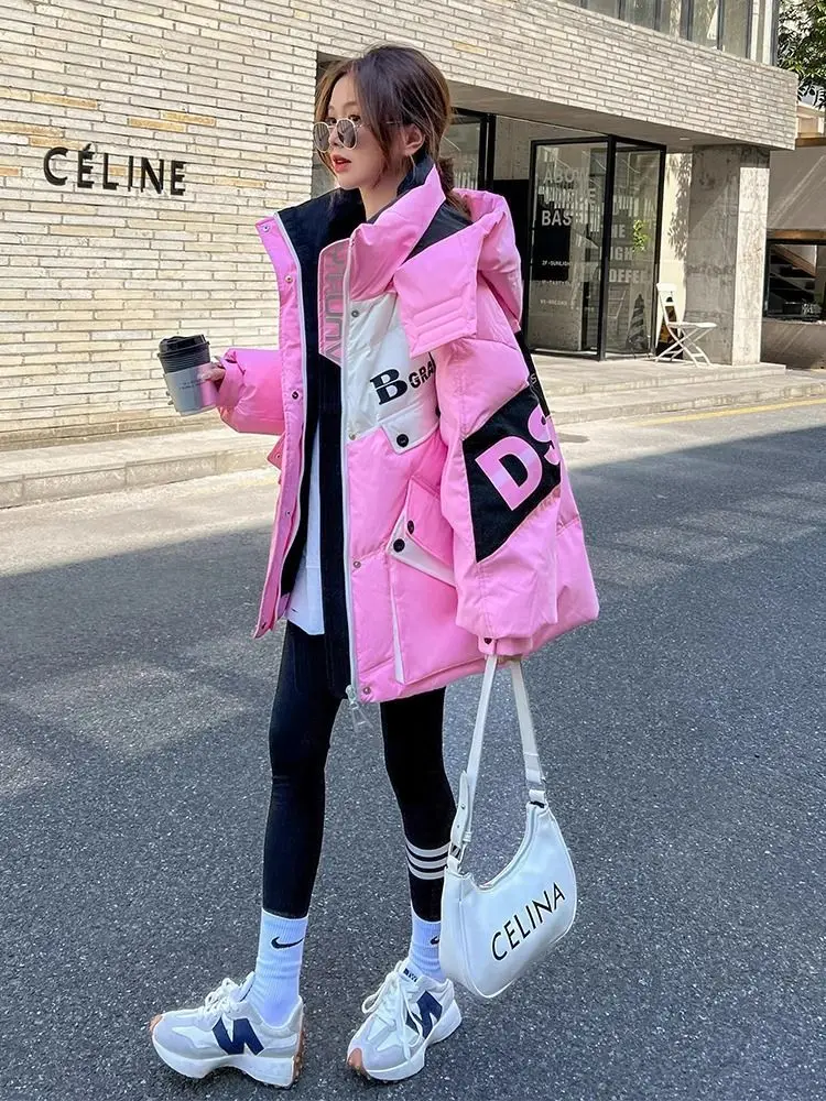 European fashion contrasting color cargo Parker medium long down jacket women's winter new white duck down loose jacket